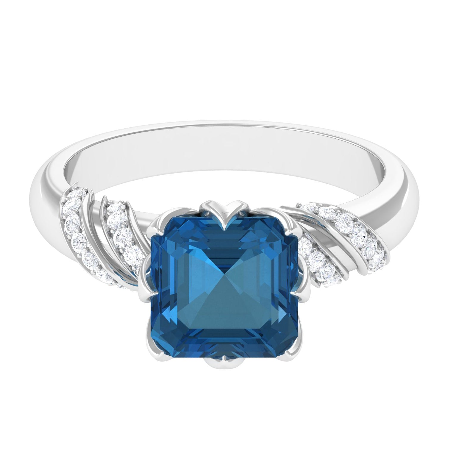 Rosec Jewels-Asscher Cut London Blue Topaz Designer Engagement Ring with Diamond