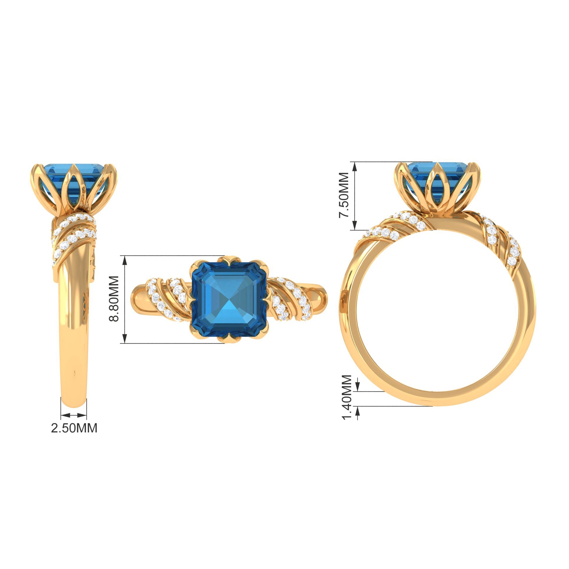 Rosec Jewels-Asscher Cut London Blue Topaz Designer Engagement Ring with Diamond