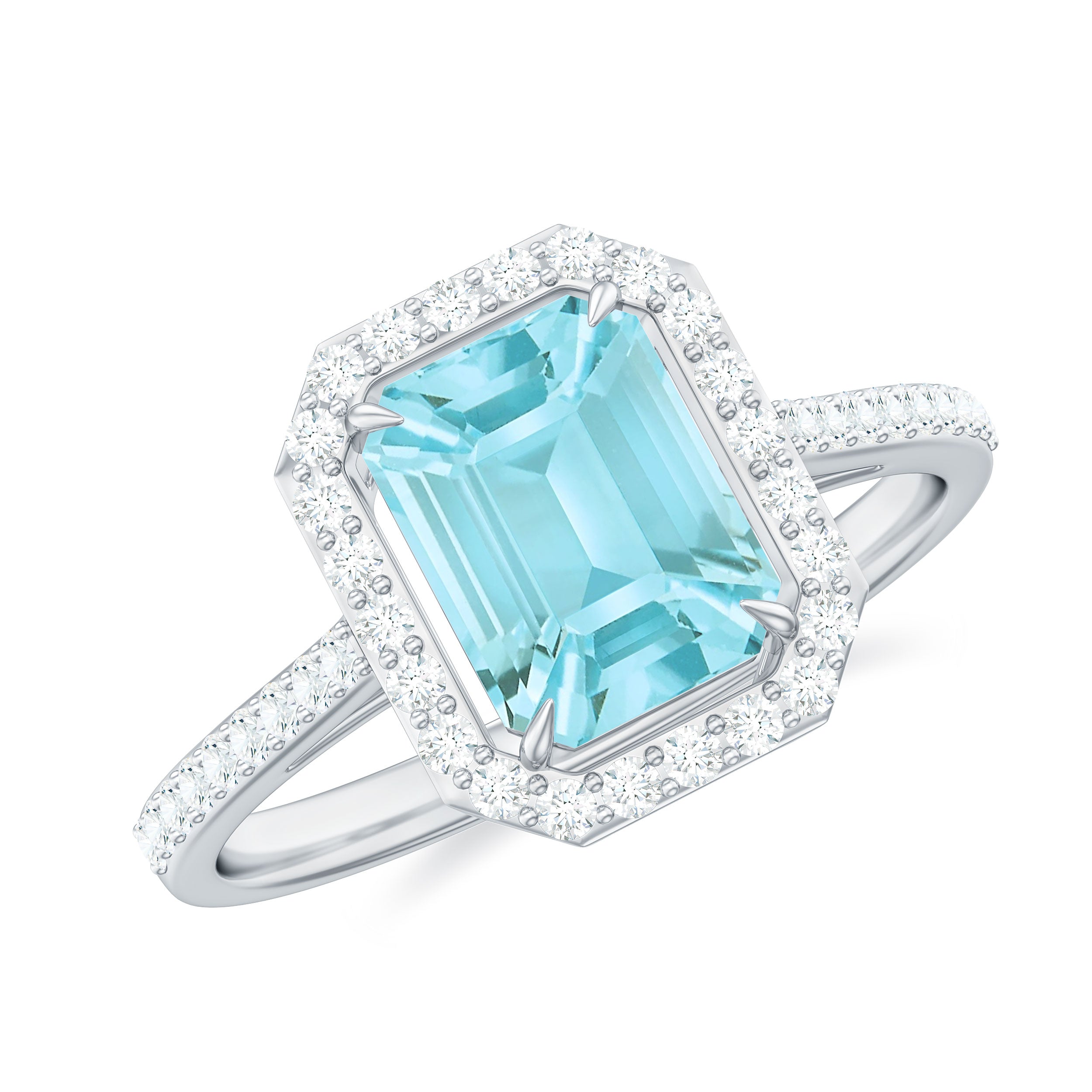 Rosec Jewels-2.25 CT Emerald Cut Shape Sky Blue Topaz Classic Engagement Ring with Diamond Halo