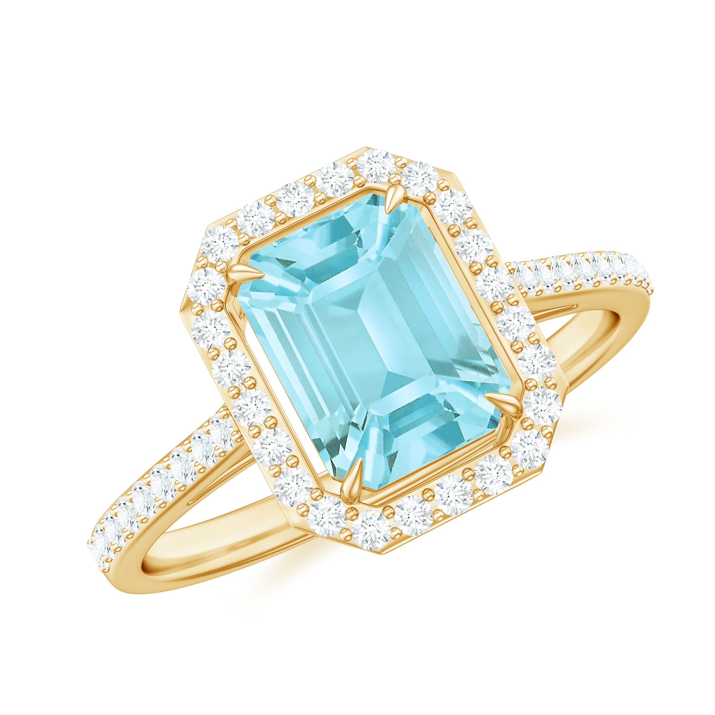 Rosec Jewels-2.25 CT Emerald Cut Shape Sky Blue Topaz Classic Engagement Ring with Diamond Halo