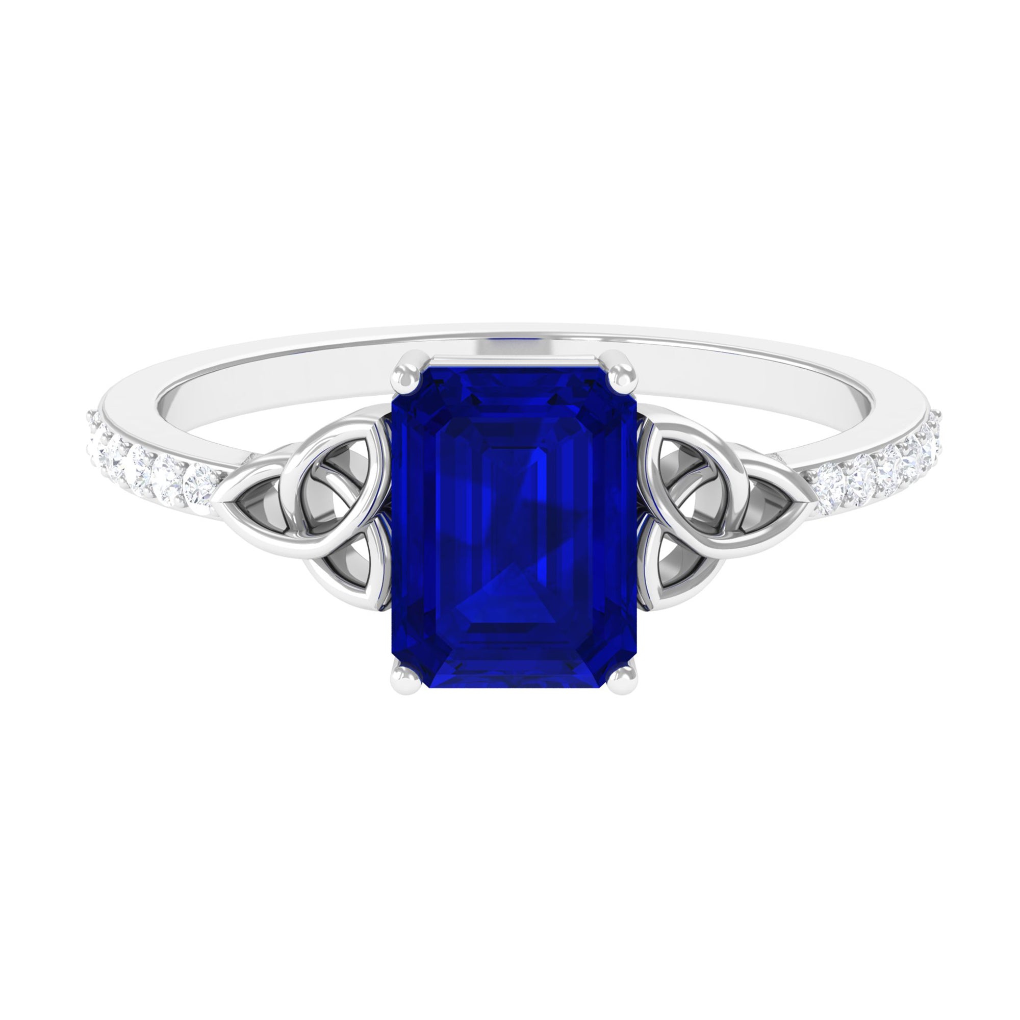 Rosec Jewels-Octagon Cut Solitaire Created Blue Sapphire Celtic Engagement Ring with Diamond