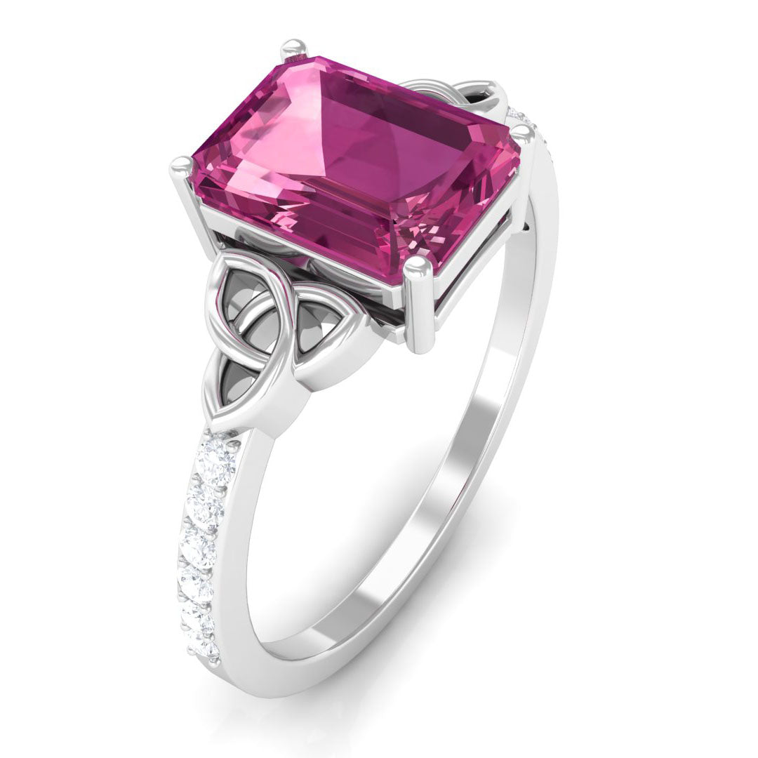 Rosec Jewels-Emerald Cut Pink Tourmaline Solitaire Celtic Engagement Ring with Diamond