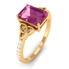 Rosec Jewels-Emerald Cut Pink Tourmaline Solitaire Celtic Engagement Ring with Diamond