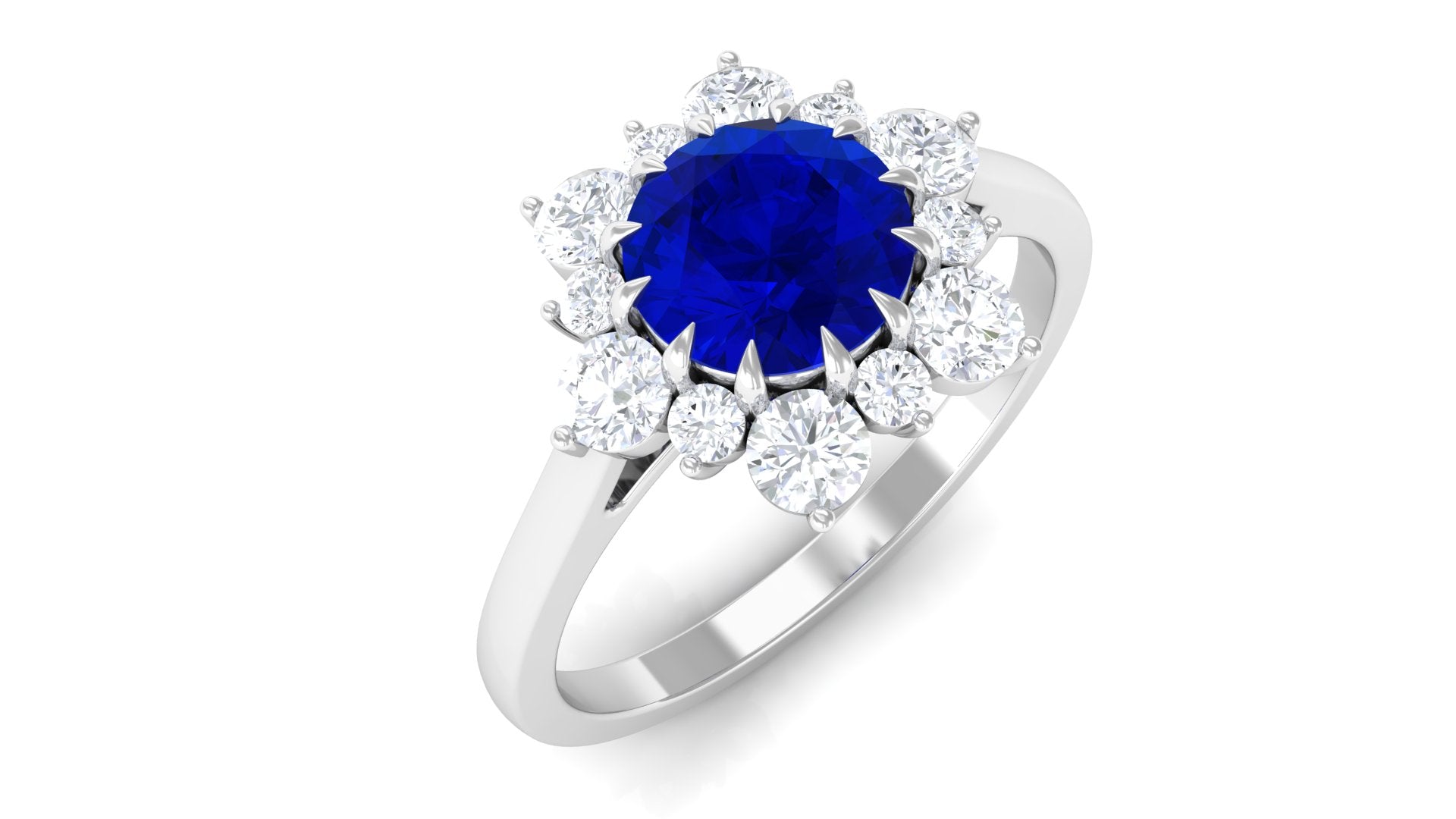 Rosec Jewels-Round Cut Created Blue Sapphire Classic Halo Engagement Ring with Moissanite