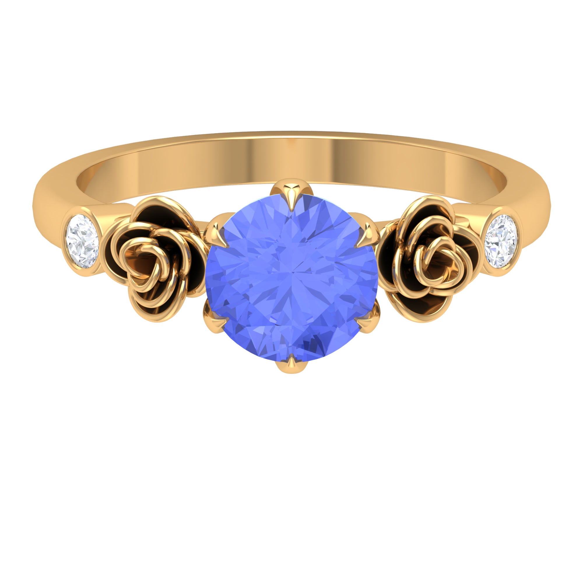 Rosec Jewels-Claw Set Solitaire Tanzanite Flower Ring with Diamond