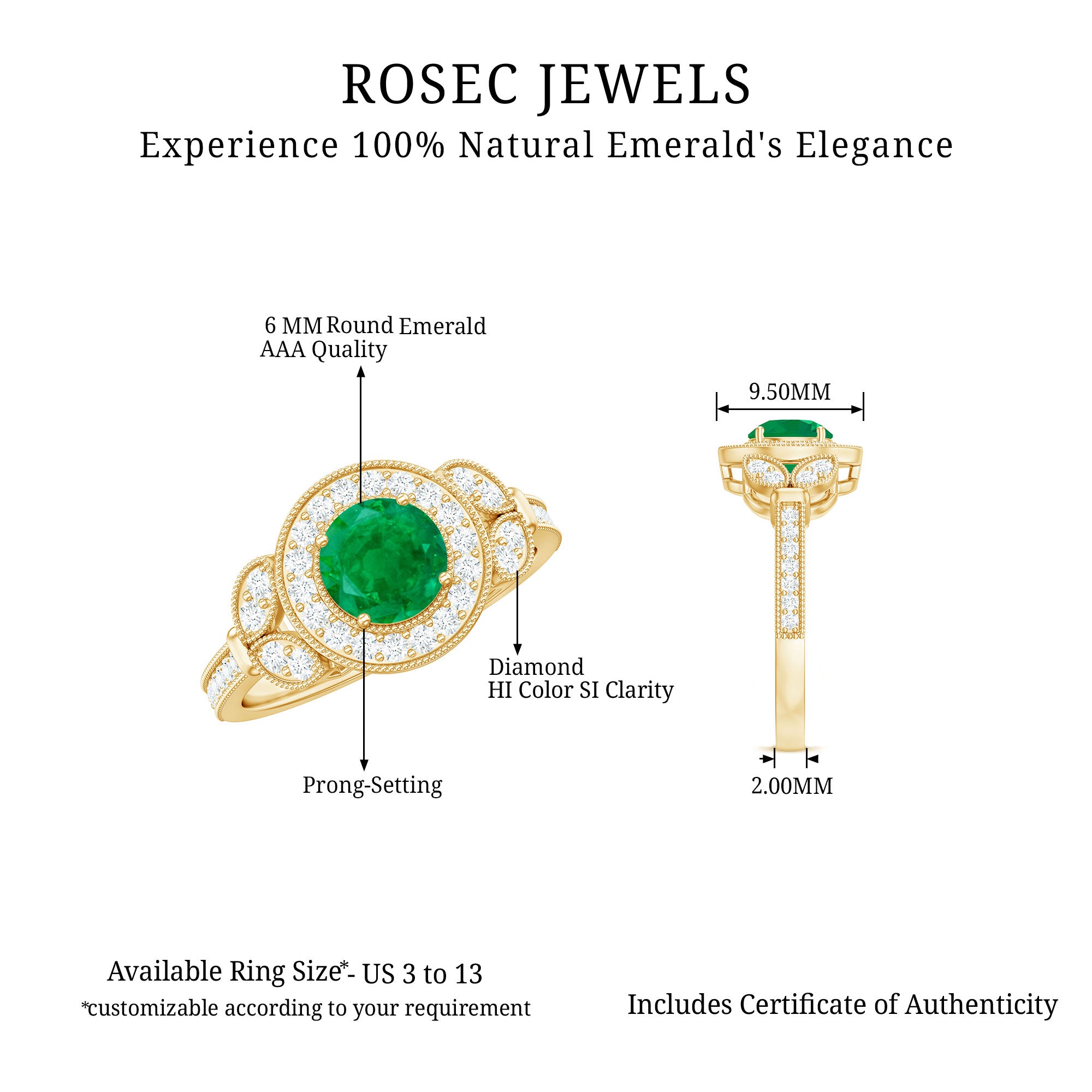 Rosec Jewels-Vintage Inspired Emerald Diamond Engagement Ring