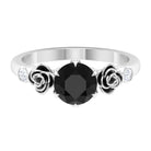 Rosec Jewels-1.50 CT Solitaire Black Spinel Flower Ring with Diamond Side Stones