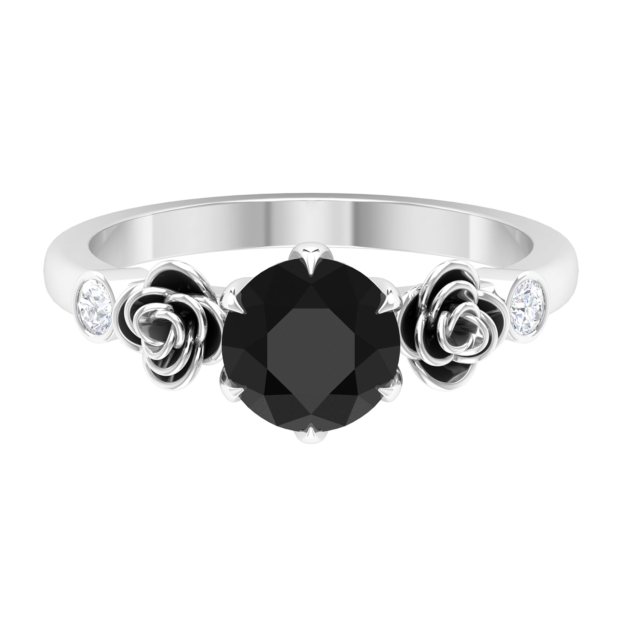 Rosec Jewels-1.50 CT Solitaire Black Spinel Flower Ring with Diamond Side Stones