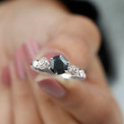 Rosec Jewels-1.50 CT Solitaire Black Spinel Flower Ring with Diamond Side Stones