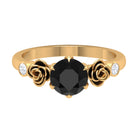 Rosec Jewels-1.50 CT Solitaire Black Spinel Flower Ring with Diamond Side Stones