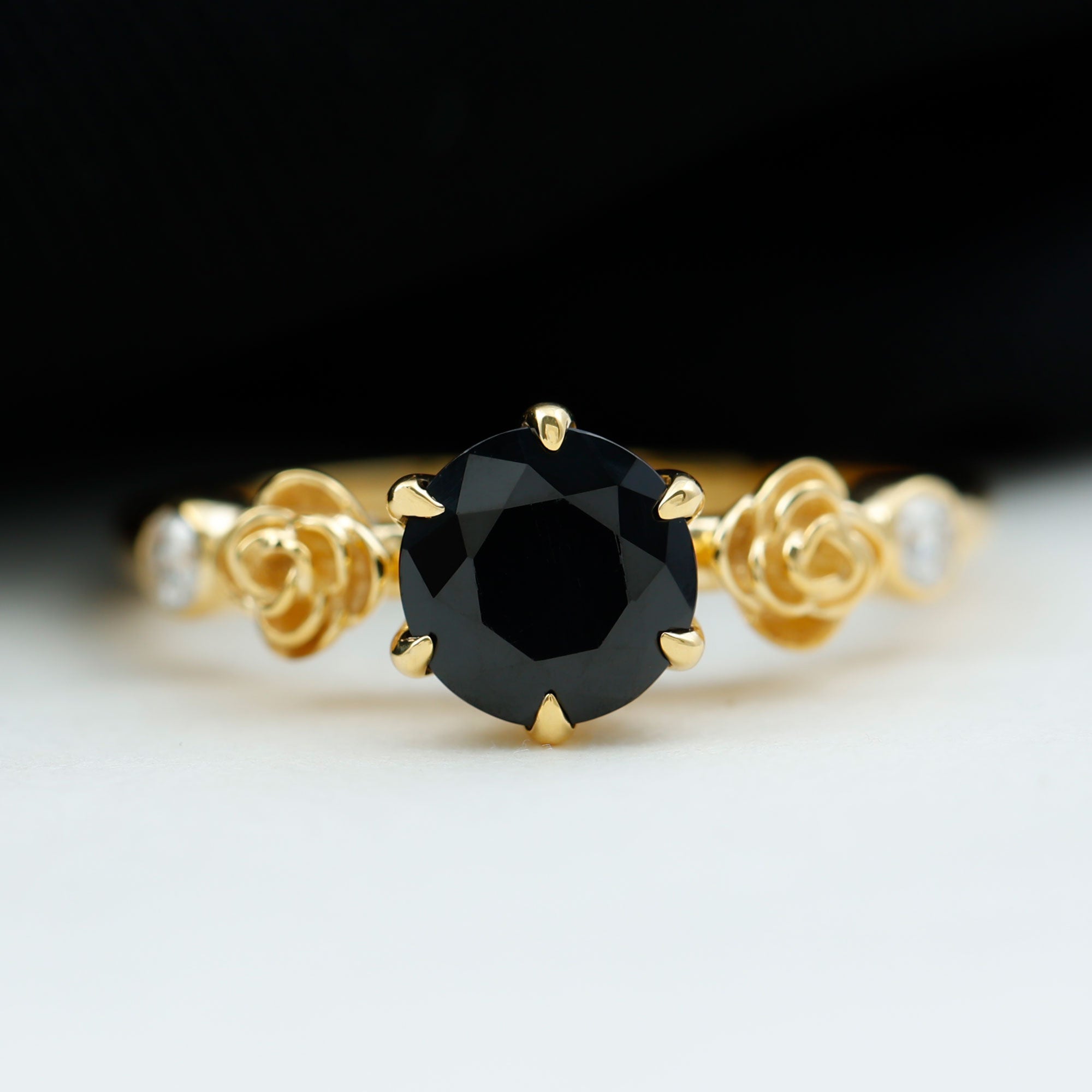 Rosec Jewels-1.50 CT Solitaire Black Spinel Flower Ring with Diamond Side Stones