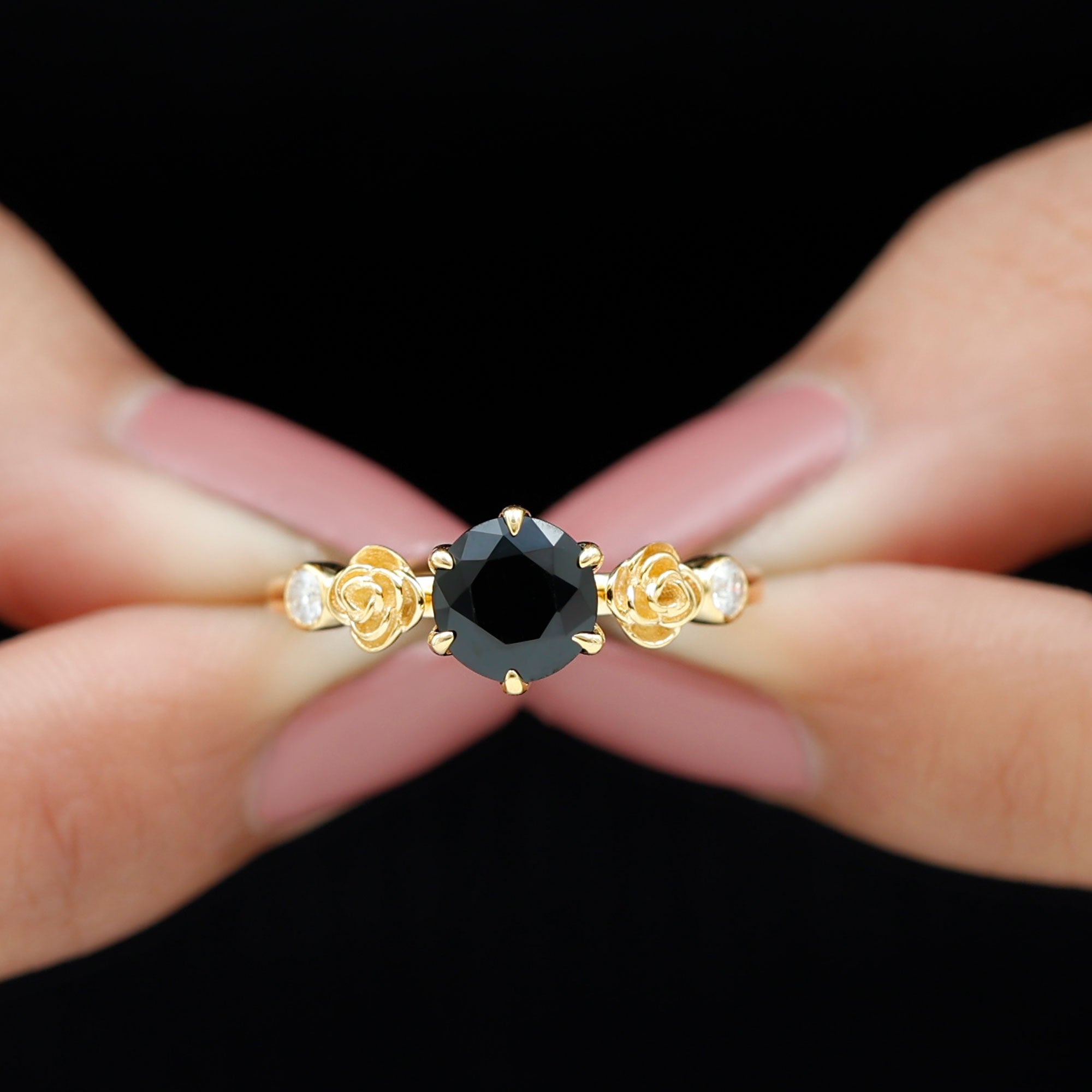 Rosec Jewels-1.50 CT Solitaire Black Spinel Flower Ring with Diamond Side Stones