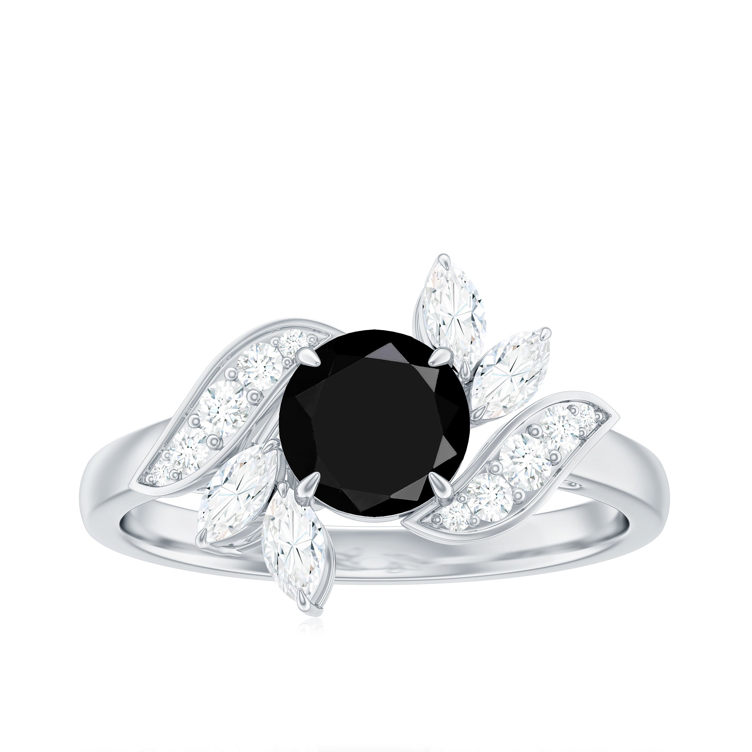 Rosec Jewels-1.75 CT Solitaire Black Onyx Gold Flower Engagement Ring with Moissanite