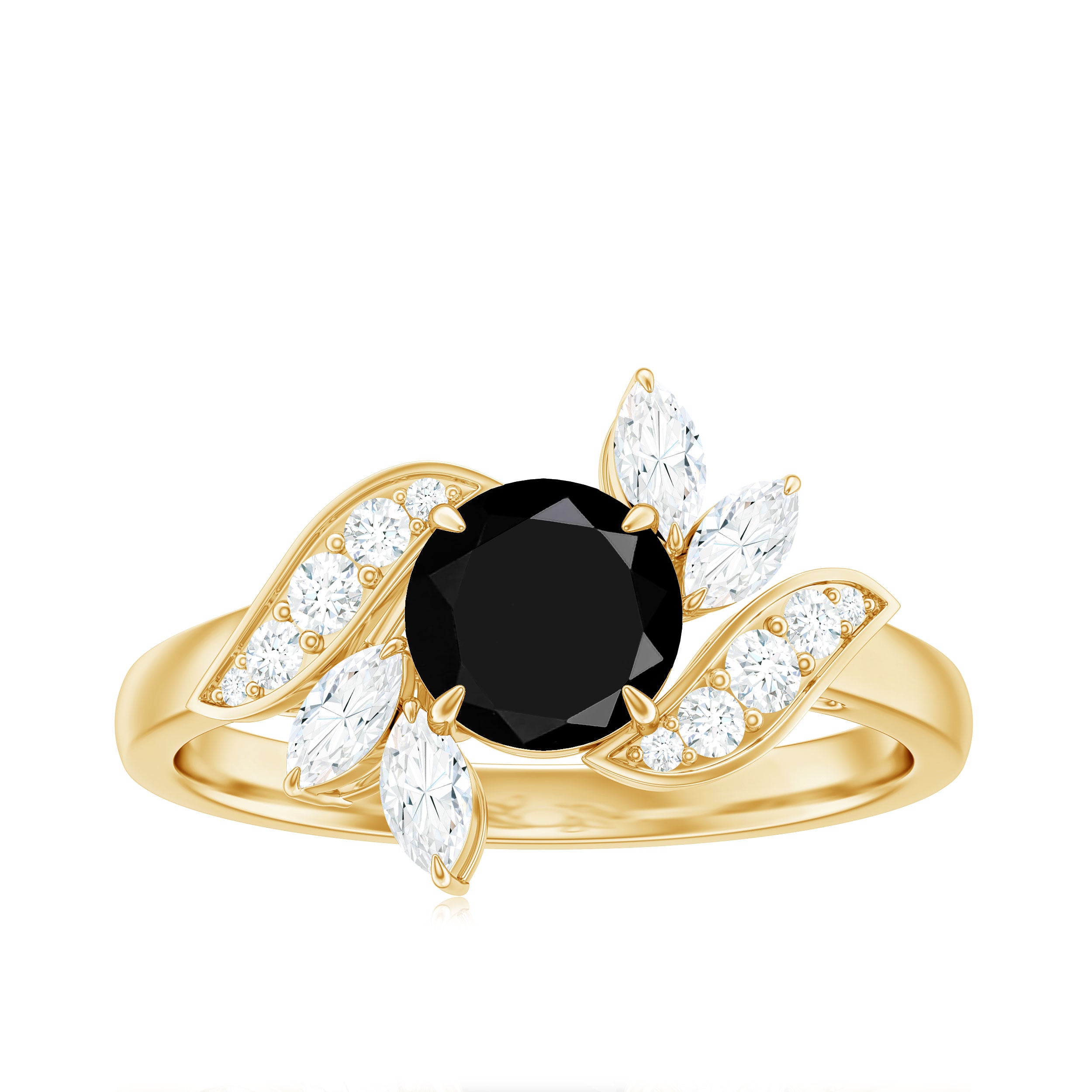 Rosec Jewels-1.75 CT Solitaire Black Onyx Gold Flower Engagement Ring with Moissanite