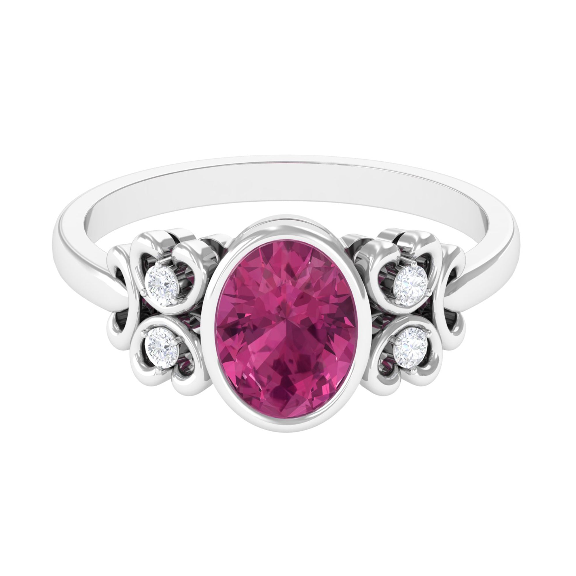 Rosec Jewels-Bezel Set Oval Pink Tourmaline Statement Engagement Ring with Diamond