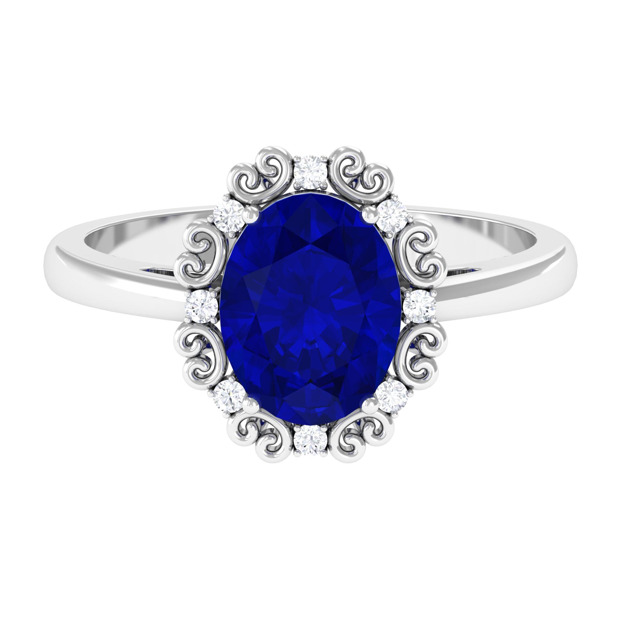 Rosec Jewels-4 CT Vintage Inspired Created Blue Sapphire Engagement Ring with Diamond