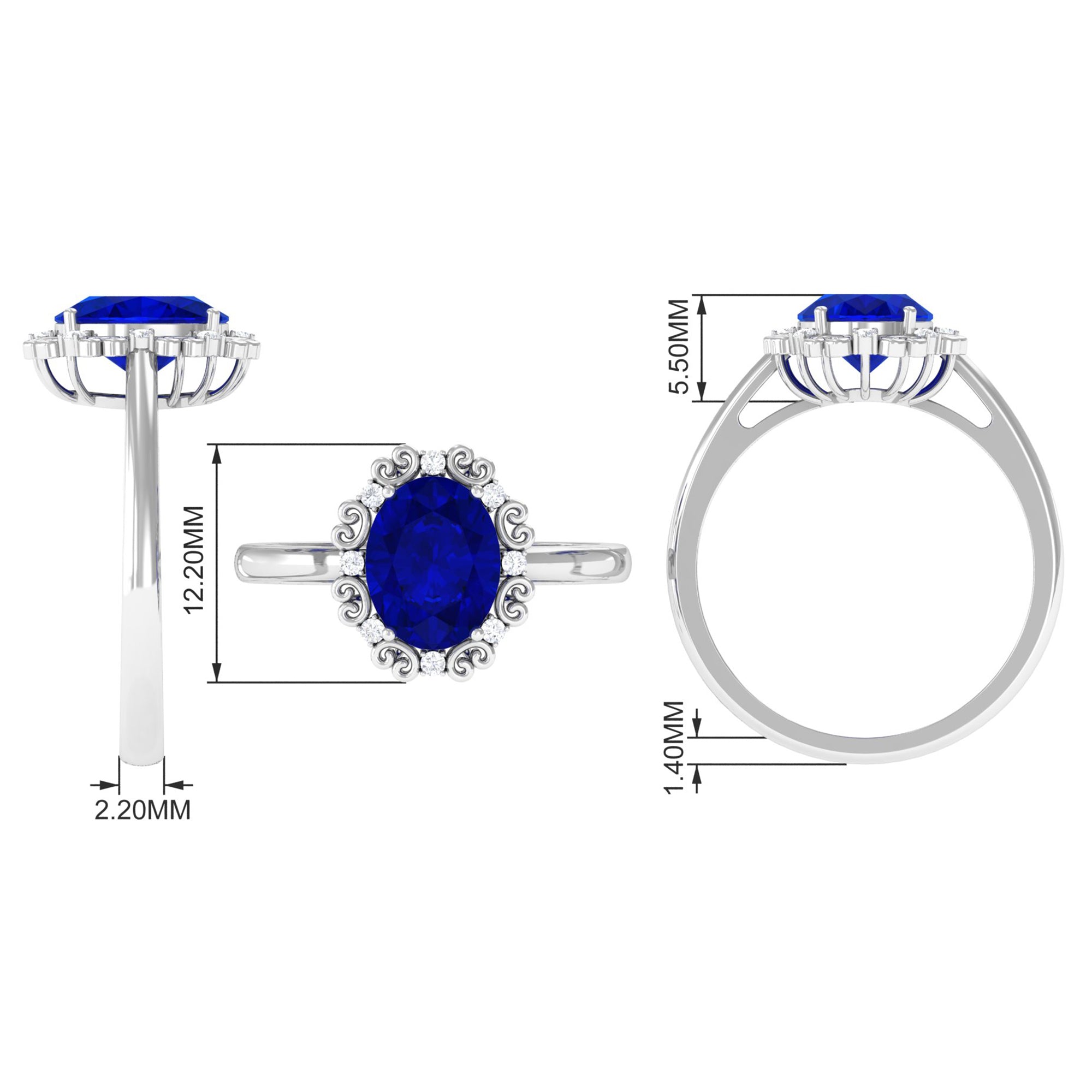 Rosec Jewels-4 CT Vintage Inspired Created Blue Sapphire Engagement Ring with Diamond