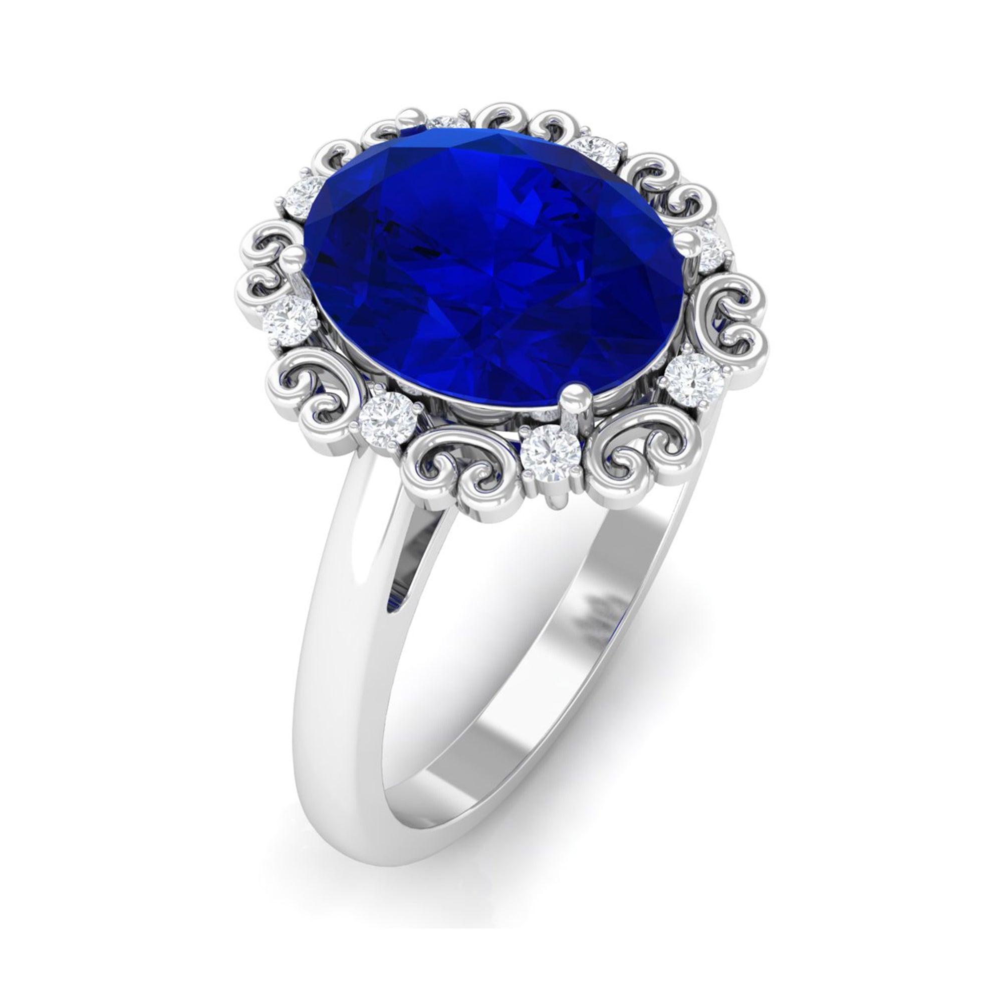 Rosec Jewels-4 CT Vintage Inspired Created Blue Sapphire Engagement Ring with Diamond