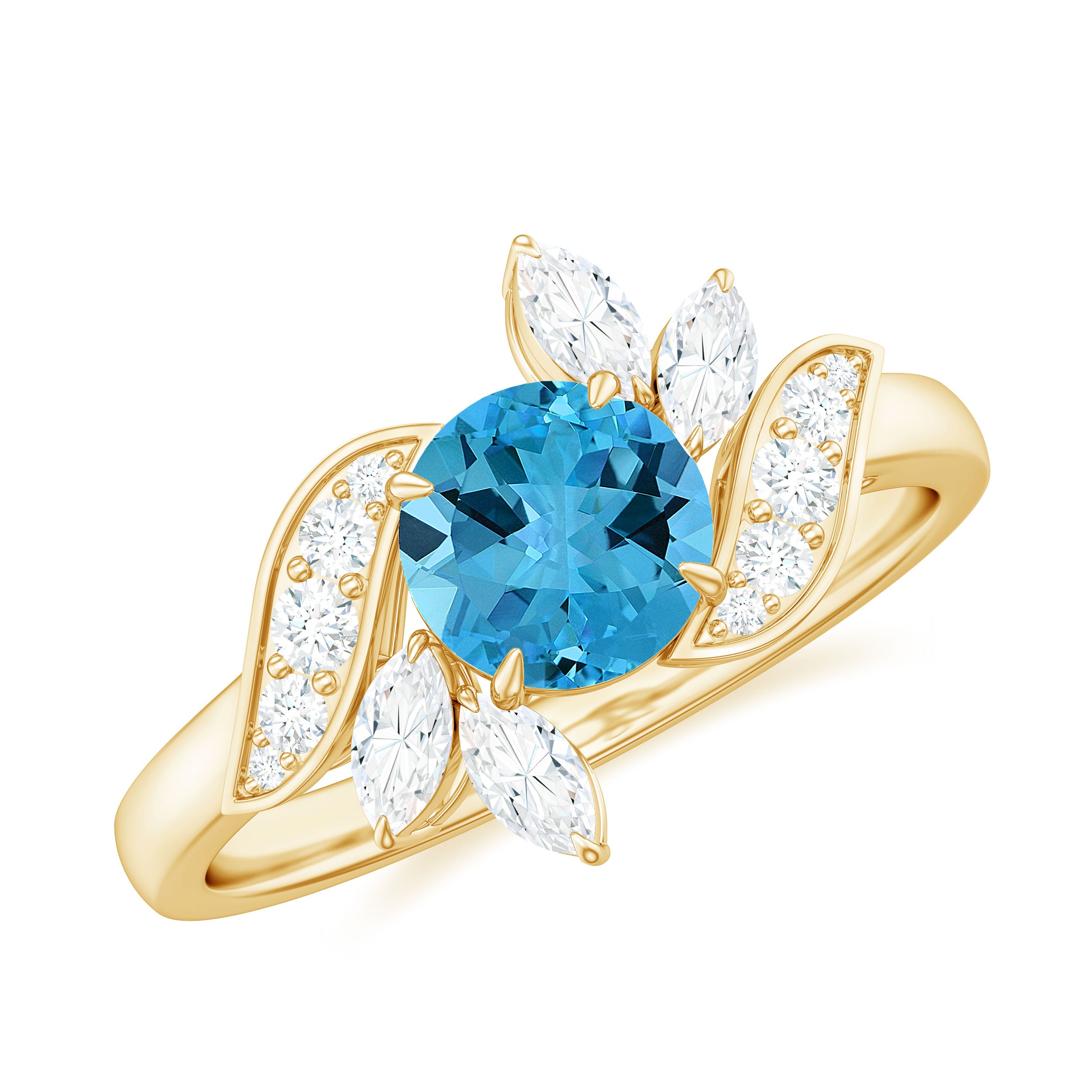 Rosec Jewels-1.5 CT Swiss Blue Topaz Flower Engagement Ring with Diamond