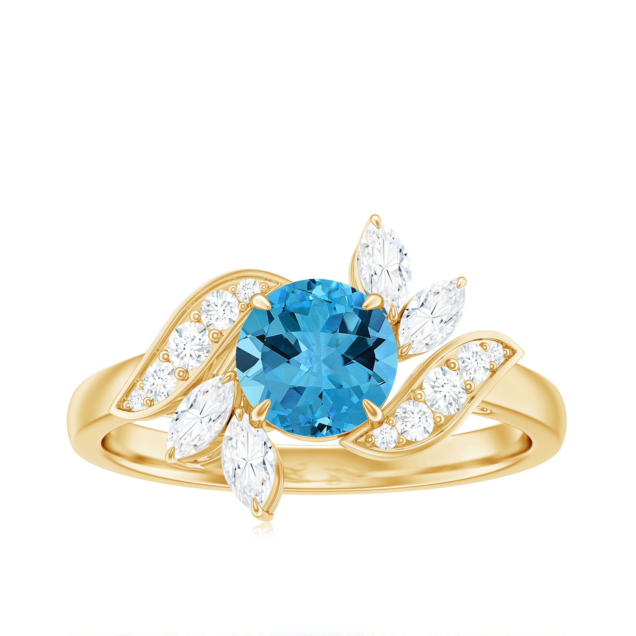 Rosec Jewels-1.5 CT Swiss Blue Topaz Flower Engagement Ring with Diamond