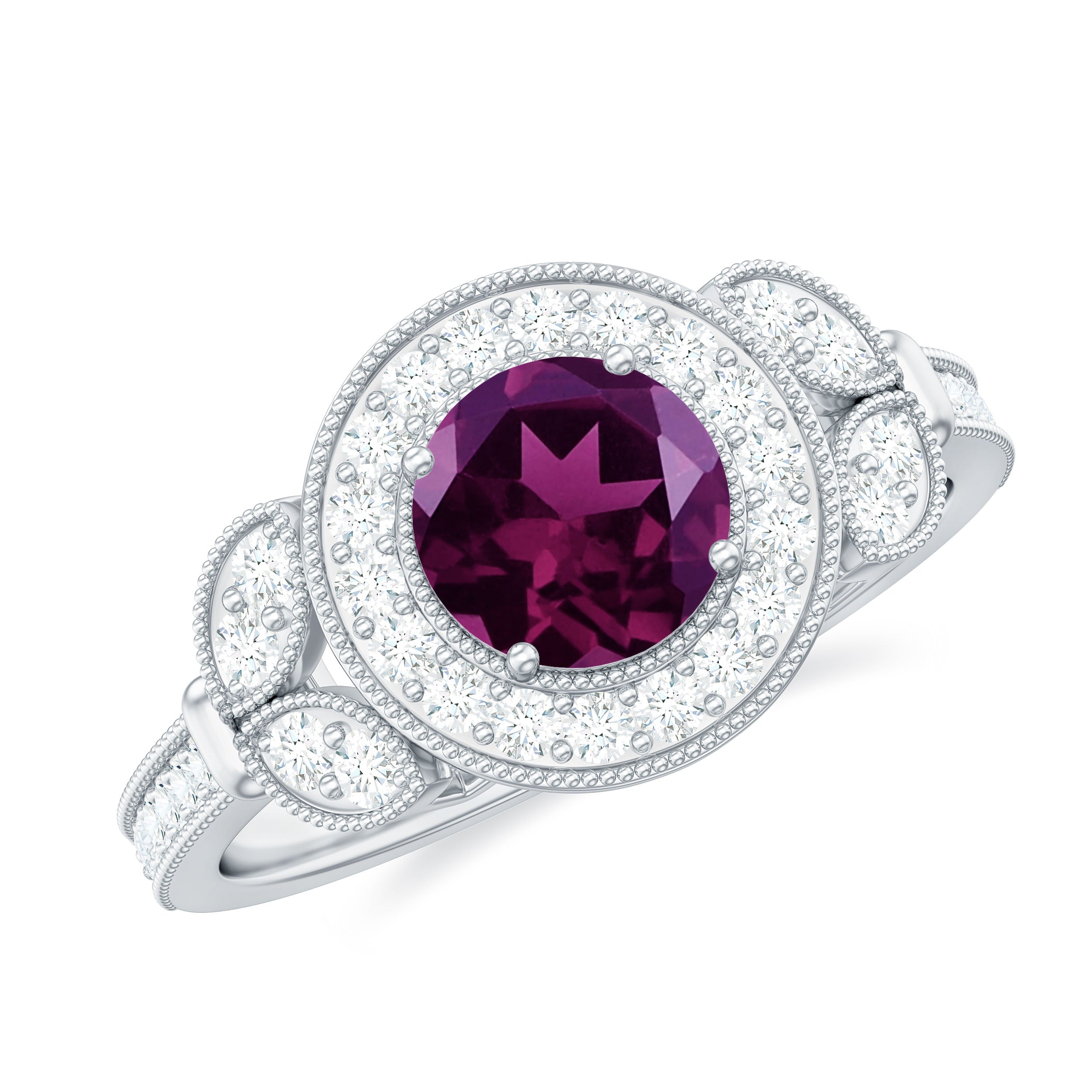 Rosec Jewels-Vintage Inspired Rhodolite Engagement Ring with Diamond