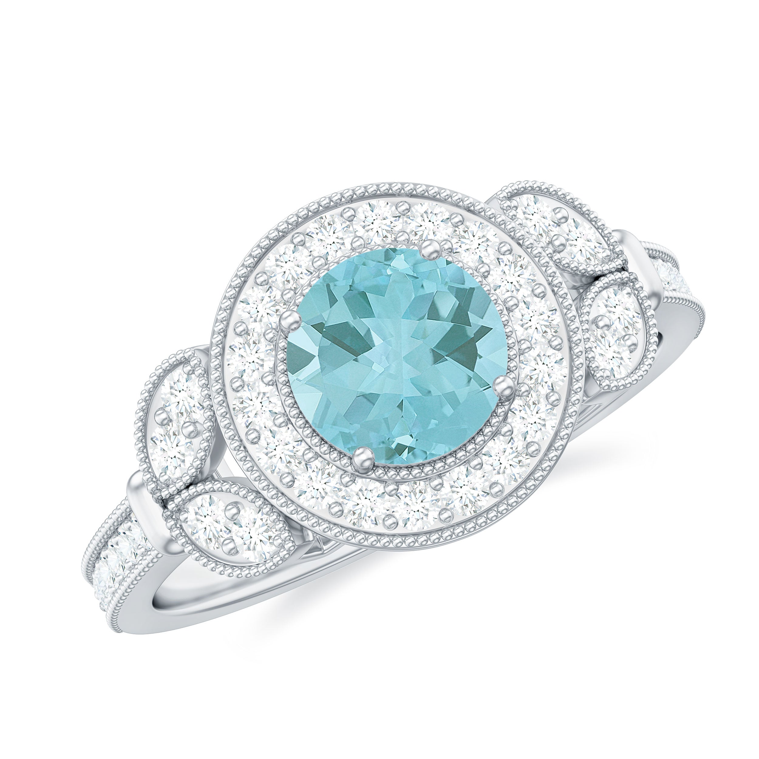 Rosec Jewels-Sky Blue Topaz Vintage Beaded Engagement Ring with Diamond