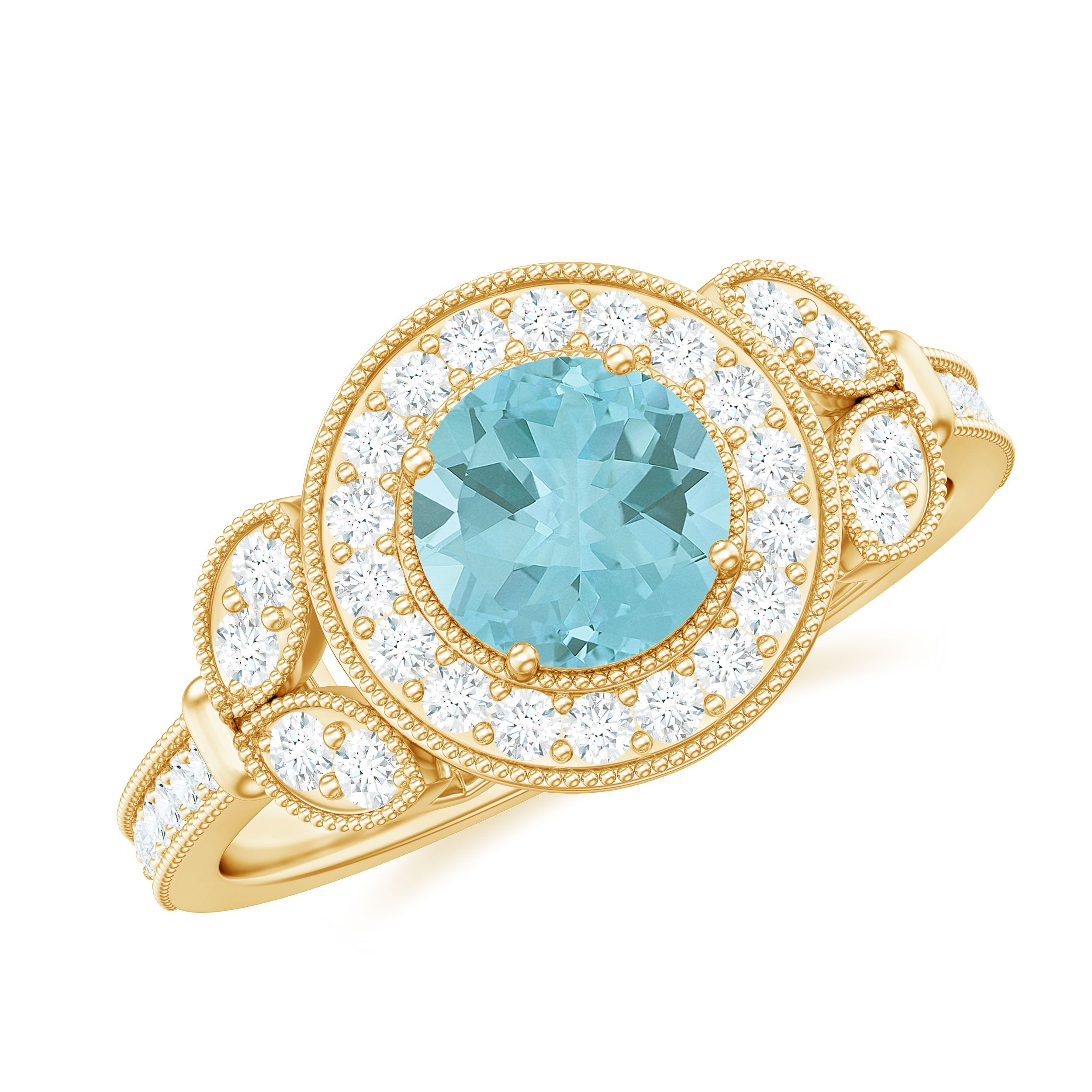 Rosec Jewels-Sky Blue Topaz Vintage Beaded Engagement Ring with Diamond