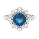 Rosec Jewels-Cushion Cut London Blue Topaz Cocktail Engagement Ring with Diamond Halo