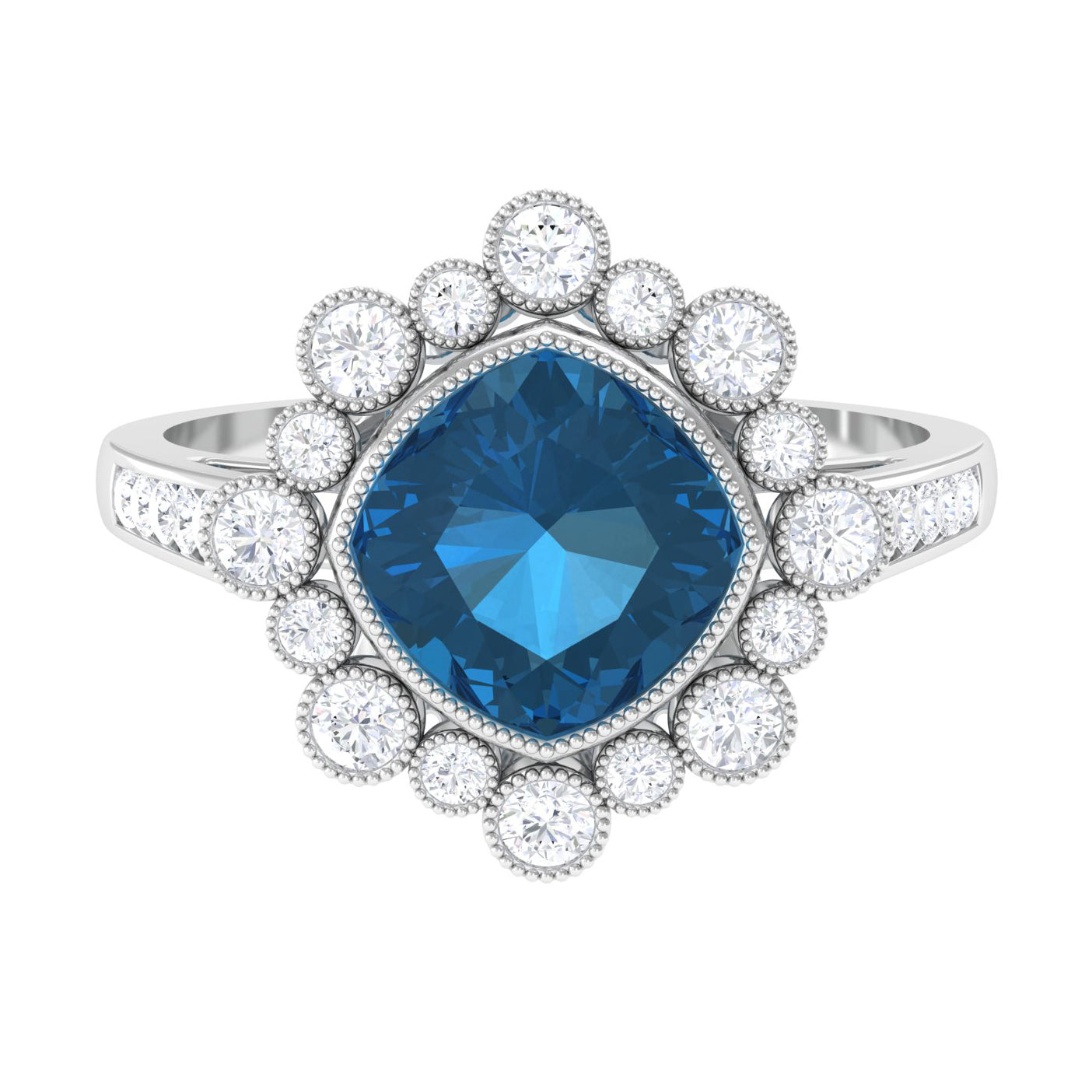 Rosec Jewels-Cushion Cut London Blue Topaz Cocktail Engagement Ring with Diamond Halo