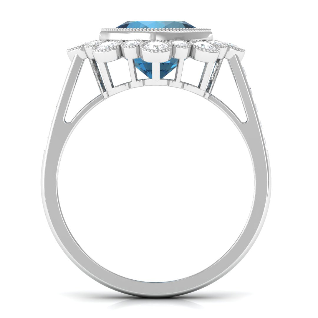 Rosec Jewels-Cushion Cut London Blue Topaz Cocktail Engagement Ring with Diamond Halo