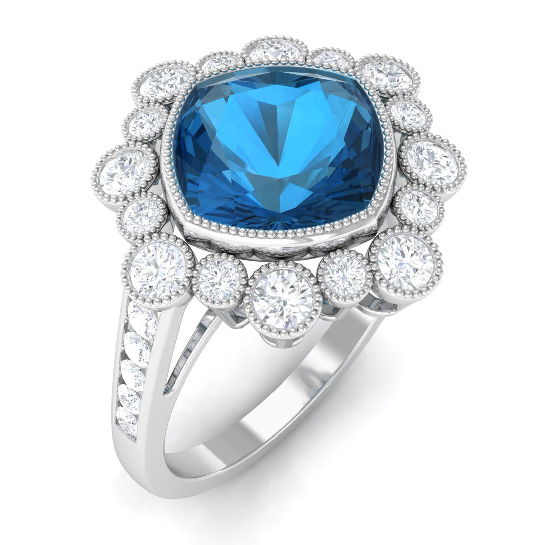 Rosec Jewels-Cushion Cut London Blue Topaz Cocktail Engagement Ring with Diamond Halo