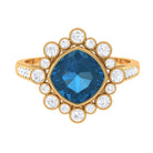 Rosec Jewels-Cushion Cut London Blue Topaz Cocktail Engagement Ring with Diamond Halo