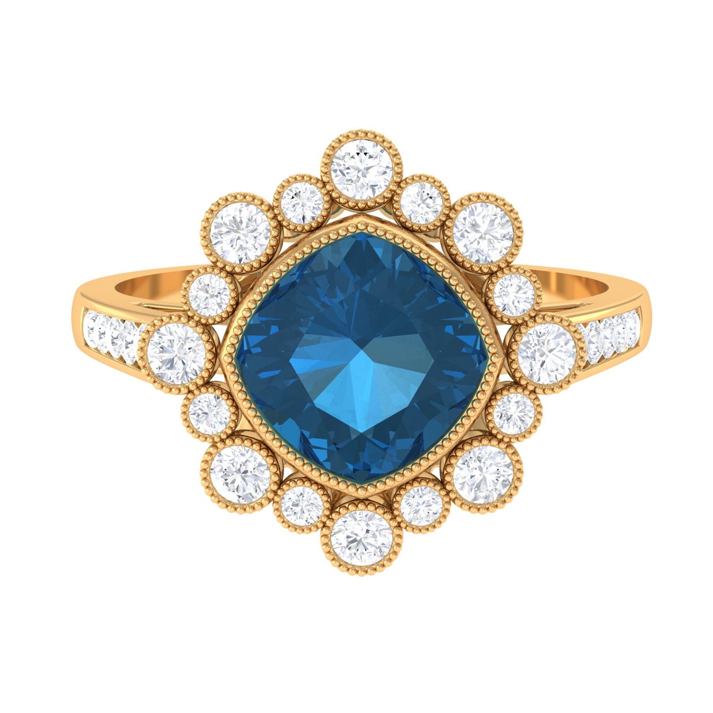 Rosec Jewels-Cushion Cut London Blue Topaz Cocktail Engagement Ring with Diamond Halo