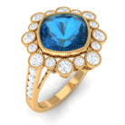 Rosec Jewels-Cushion Cut London Blue Topaz Cocktail Engagement Ring with Diamond Halo