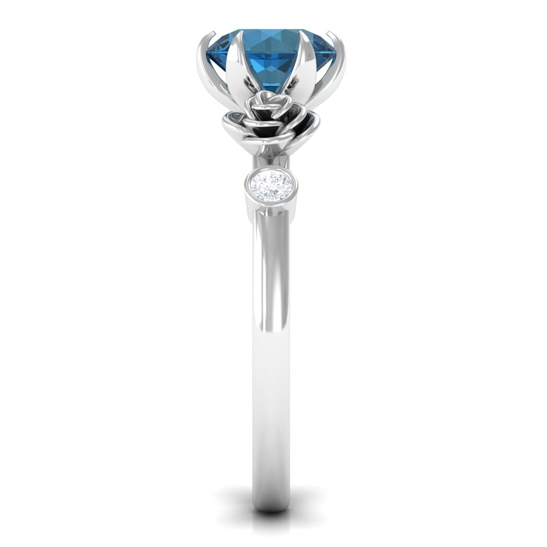 Rosec Jewels-1.5 CT Solitaire London Blue Topaz Flower Ring with Diamond