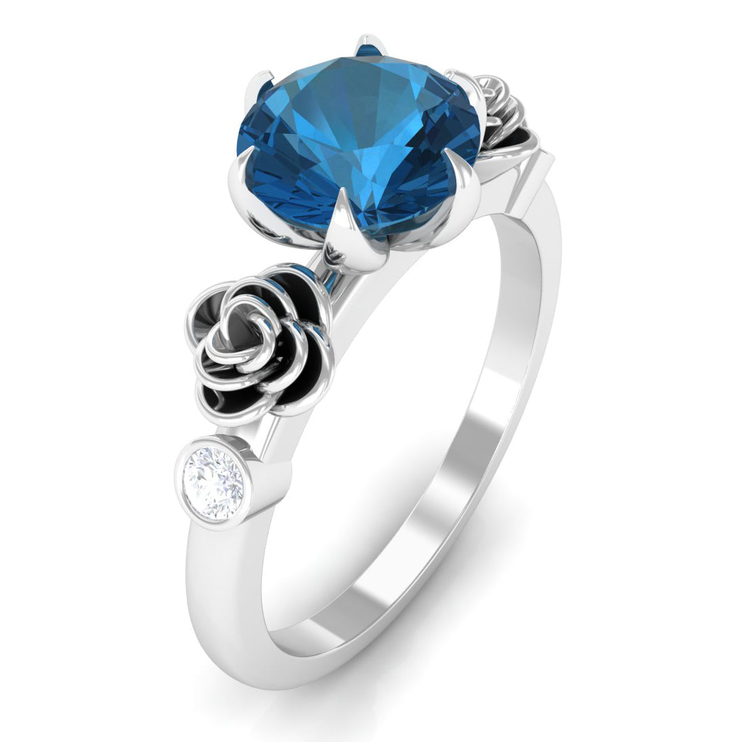 Rosec Jewels-1.5 CT Solitaire London Blue Topaz Flower Ring with Diamond