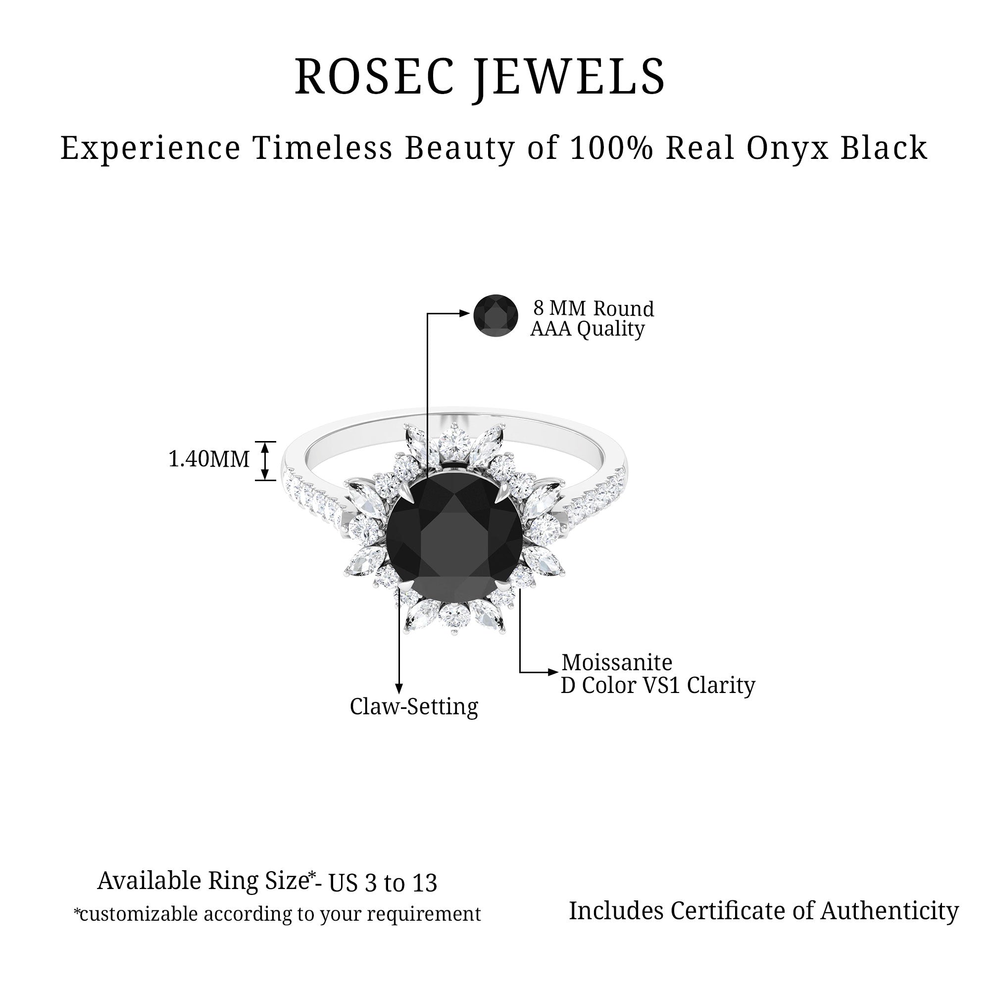 Rosec Jewels-3 CT Round Black Onyx Statement Ring with Moissanite Floral Halo