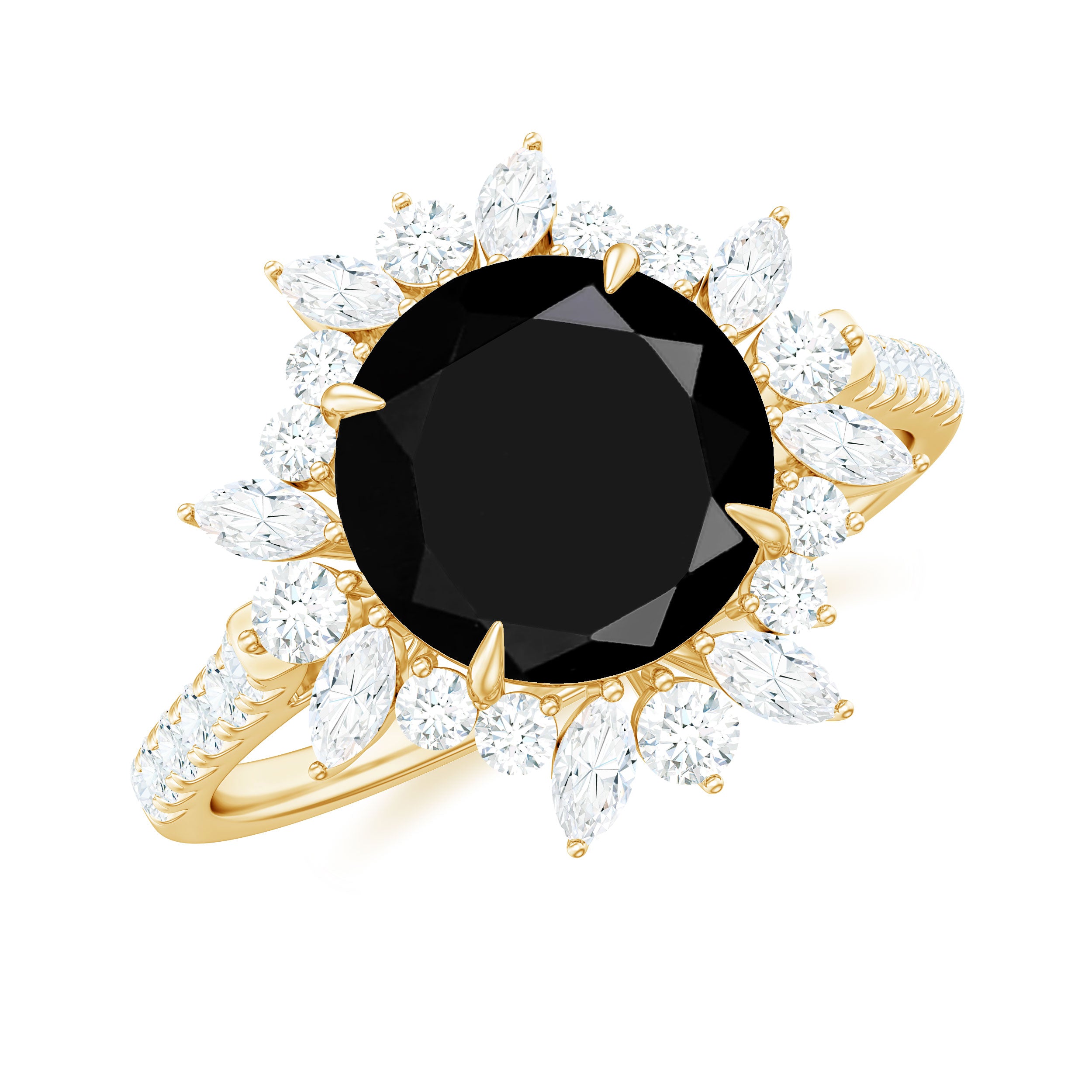 Rosec Jewels-3 CT Round Black Onyx Statement Ring with Moissanite Floral Halo