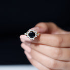 Rosec Jewels-3 CT Round Black Onyx Statement Ring with Moissanite Floral Halo