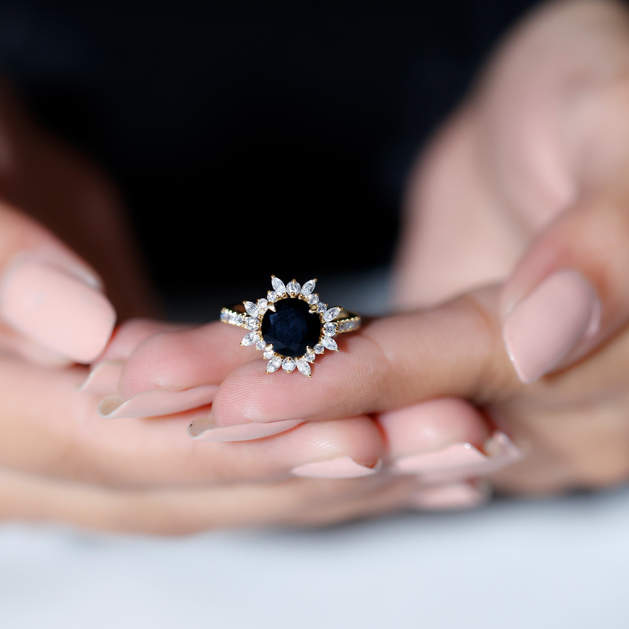 Rosec Jewels-3 CT Round Black Onyx Statement Ring with Moissanite Floral Halo