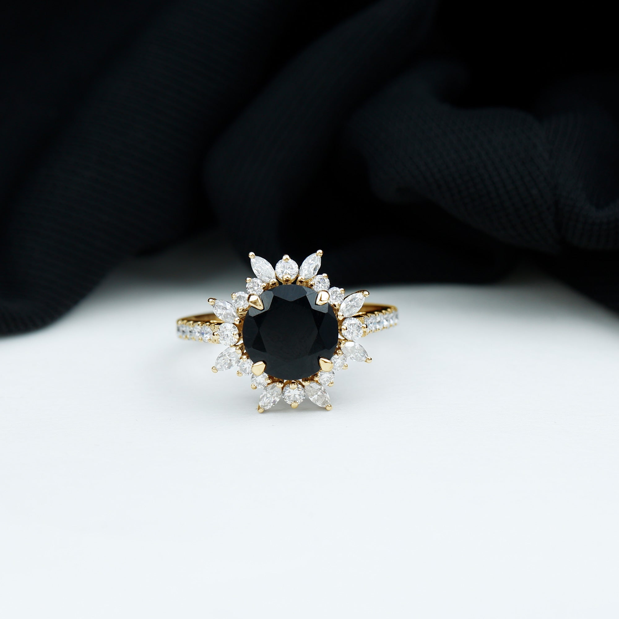 Rosec Jewels-3 CT Round Black Onyx Statement Ring with Moissanite Floral Halo