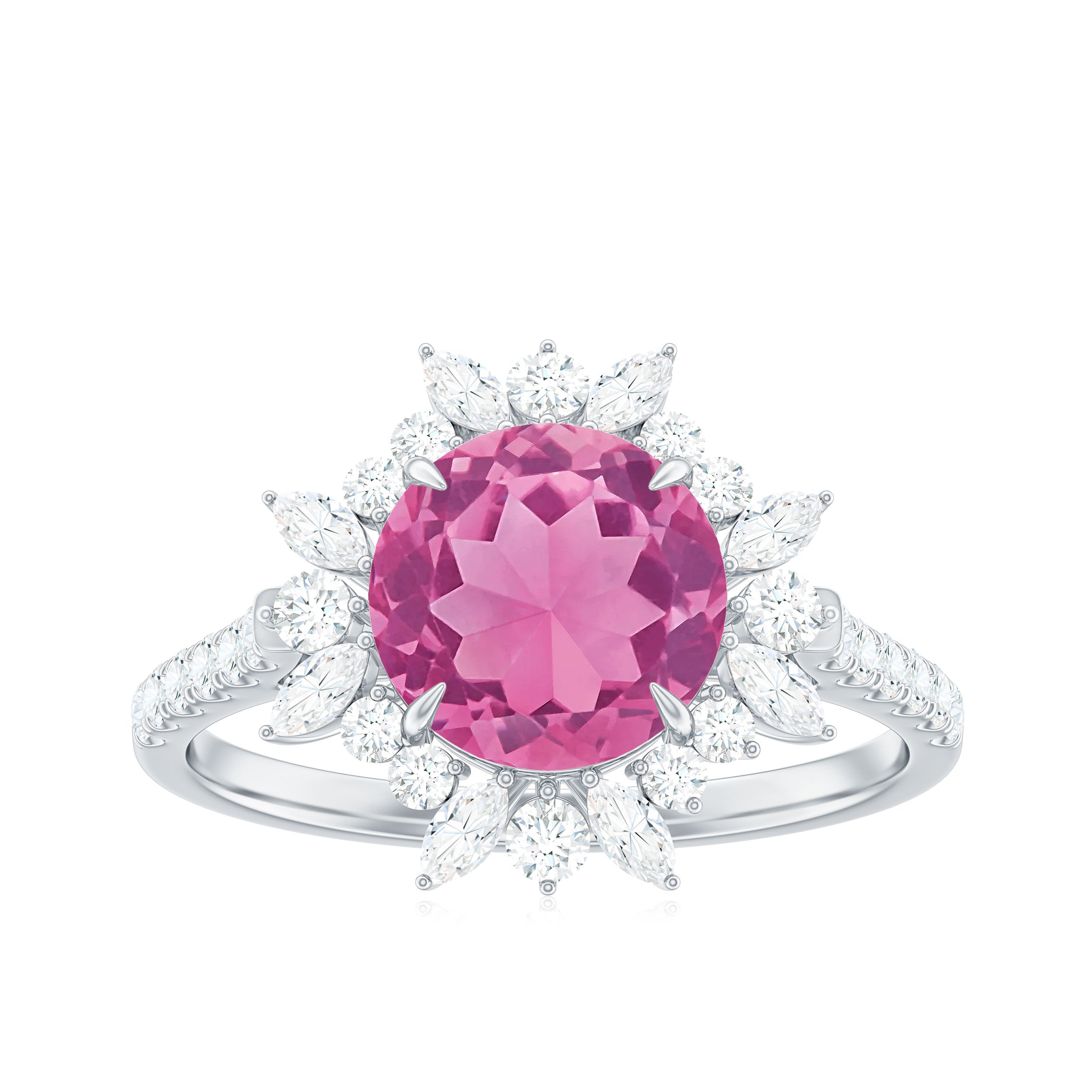 Rosec Jewels-3 CT Round Pink Tourmaline Statement Ring with Moissanite Floral Halo