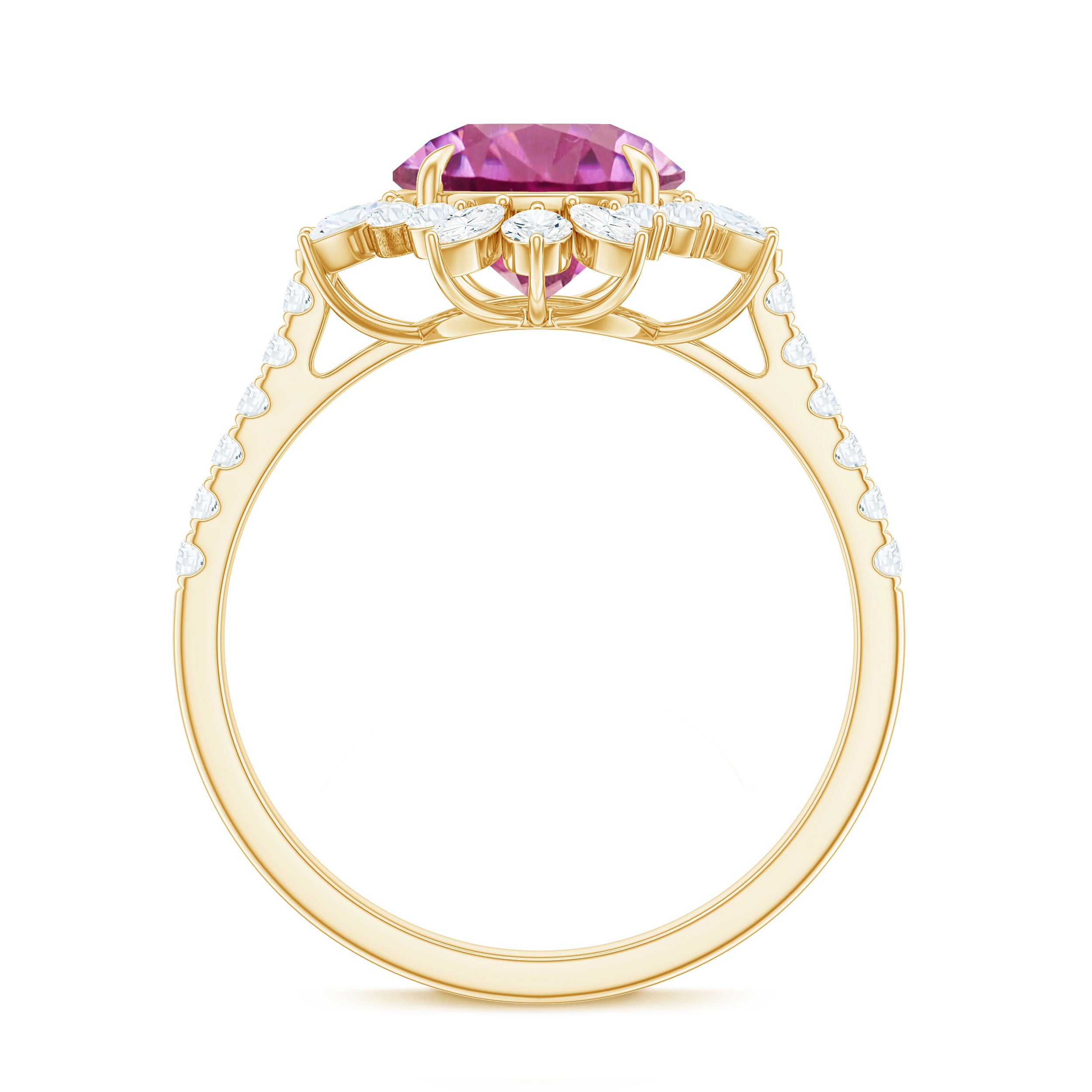 Rosec Jewels-3 CT Round Pink Tourmaline Statement Ring with Moissanite Floral Halo