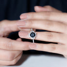 Rosec Jewels-Round Created Black Diamond Statement Ring with Moissanite Floral Halo