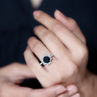 Rosec Jewels-Round Created Black Diamond Statement Ring with Moissanite Floral Halo