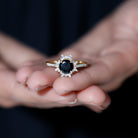 Rosec Jewels-Round Created Black Diamond Statement Ring with Moissanite Floral Halo