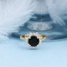 Rosec Jewels-Round Created Black Diamond Statement Ring with Moissanite Floral Halo