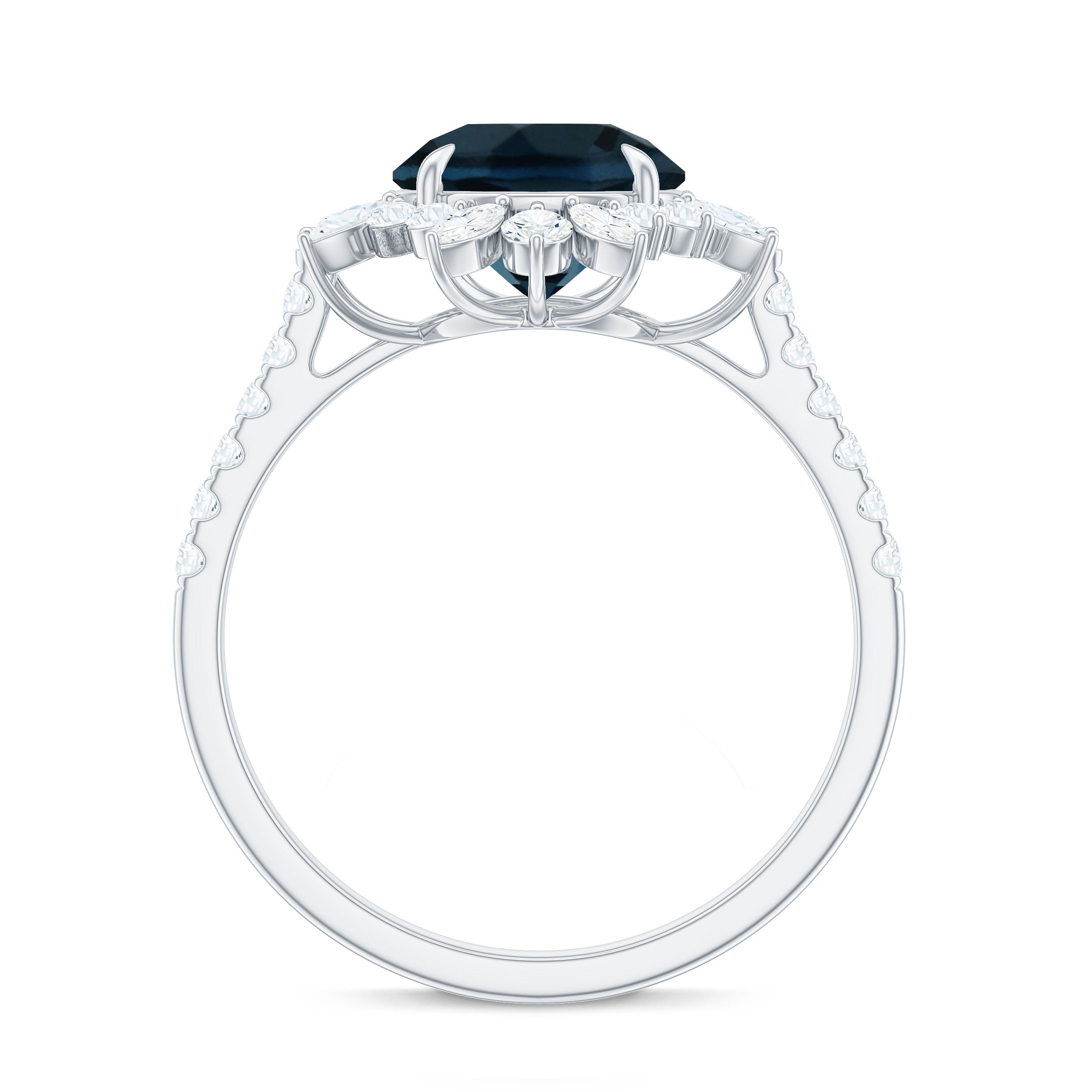 Rosec Jewels-3 CT London Blue Topaz Cocktail Ring with Diamond Floral Halo