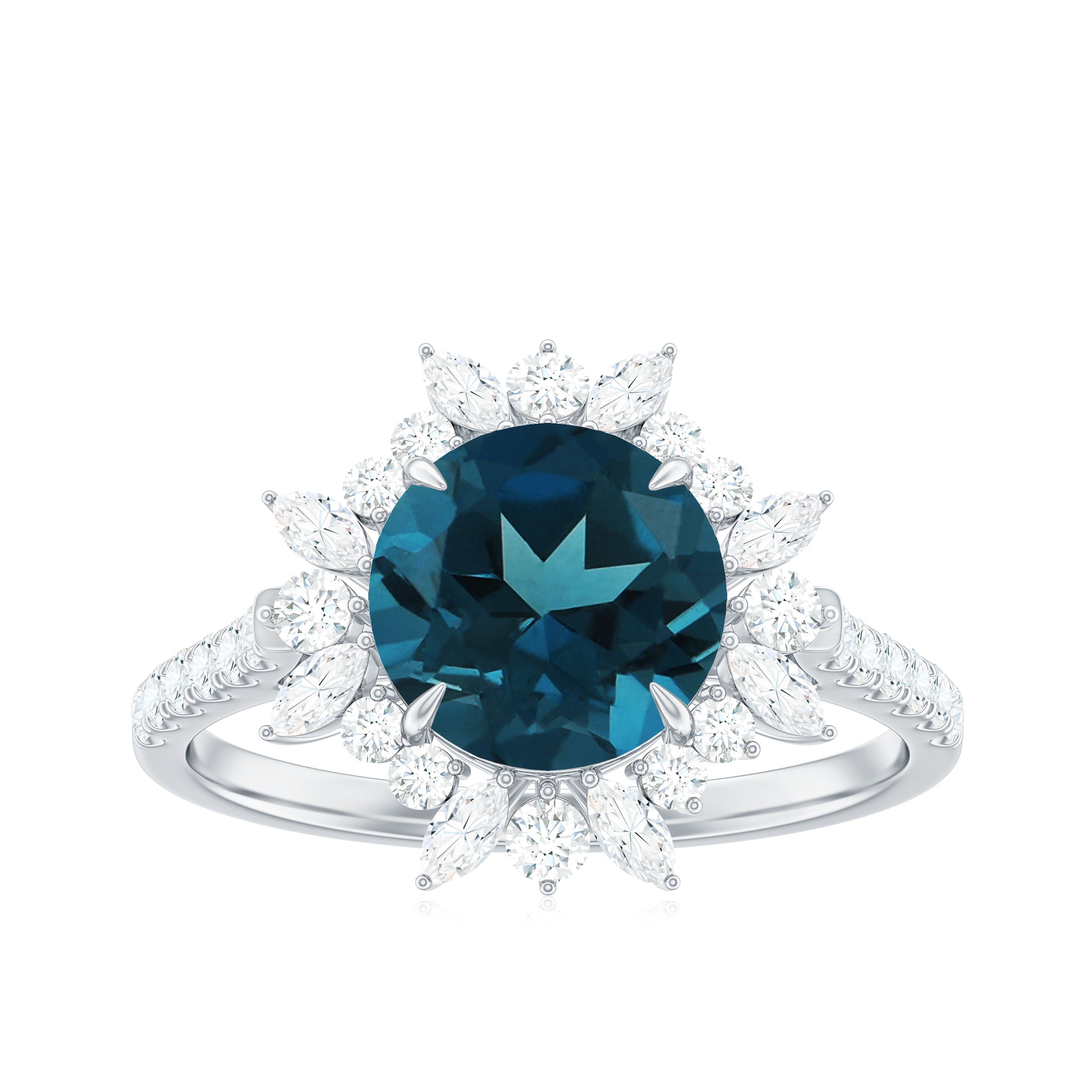 Rosec Jewels-3 CT London Blue Topaz Cocktail Ring with Diamond Floral Halo