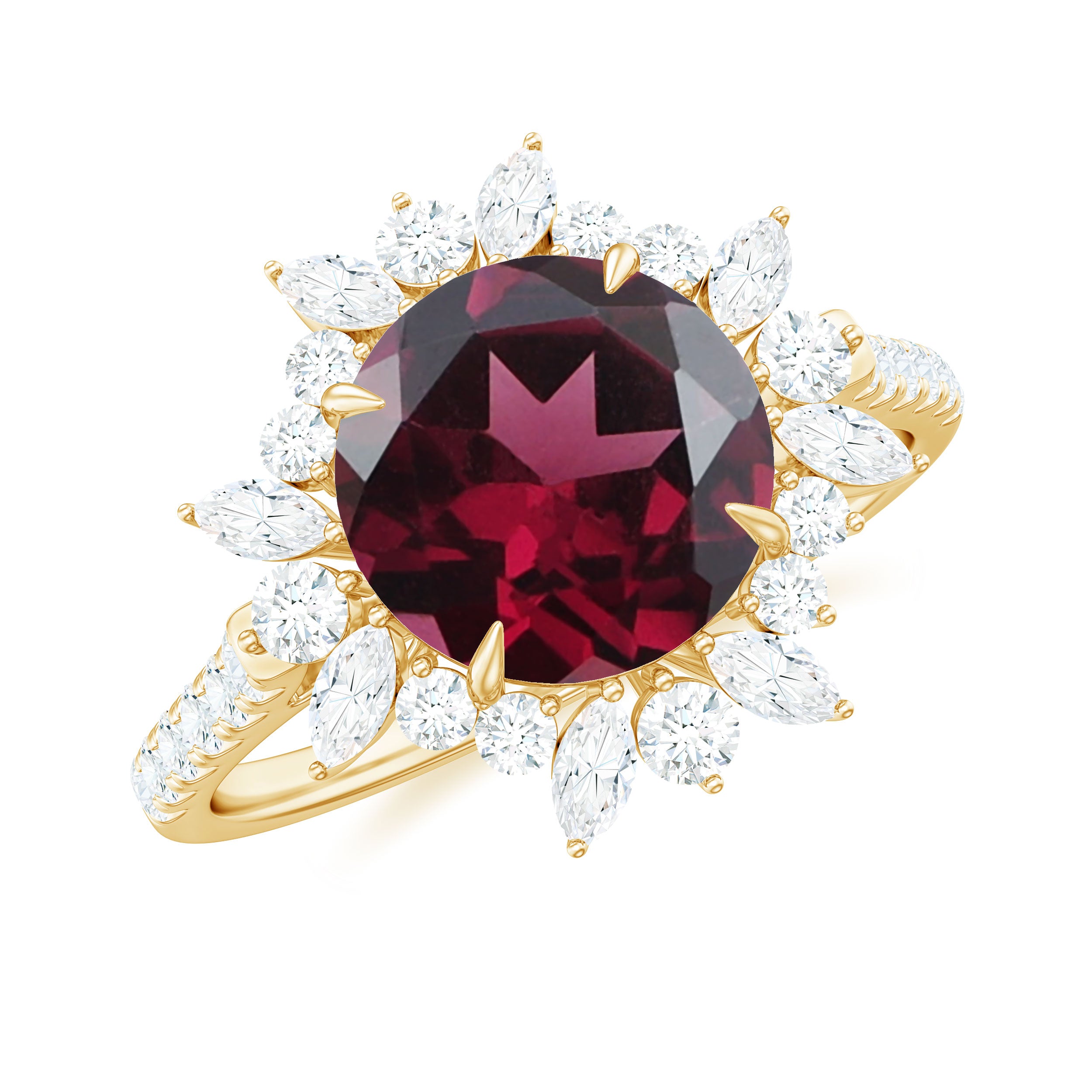 Rosec Jewels-Round Rhodolite Statement Ring with Moissanite Floral Halo